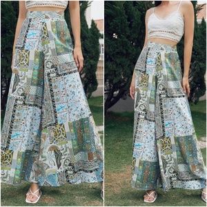 Boho Mint Patchwork Palazzo Wide Leg Pants